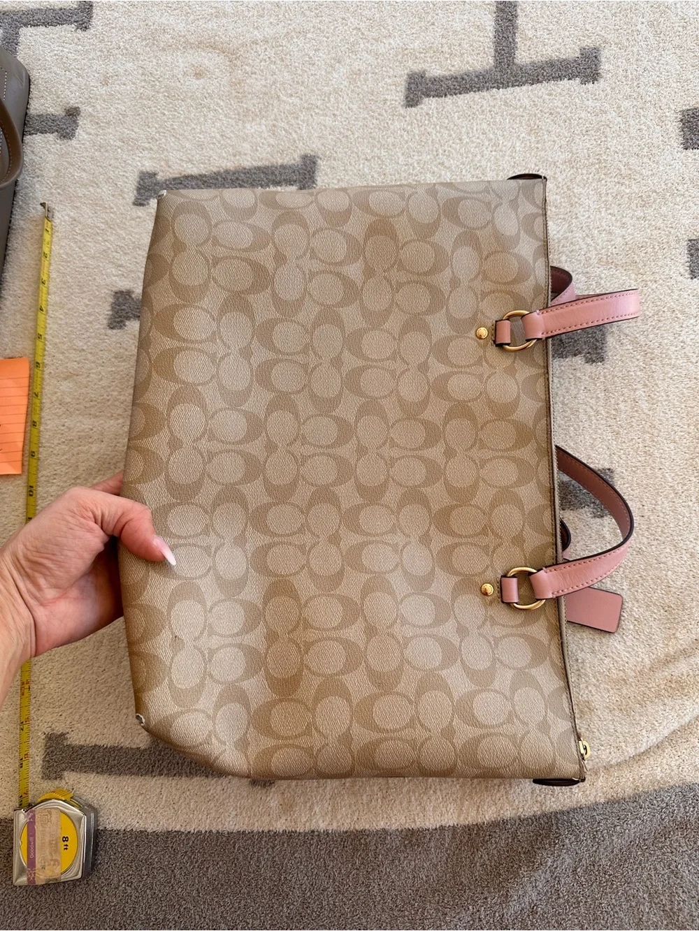 Coach Beige Signature Tote with Pink Leather Handles 2019 Coach gallery tote